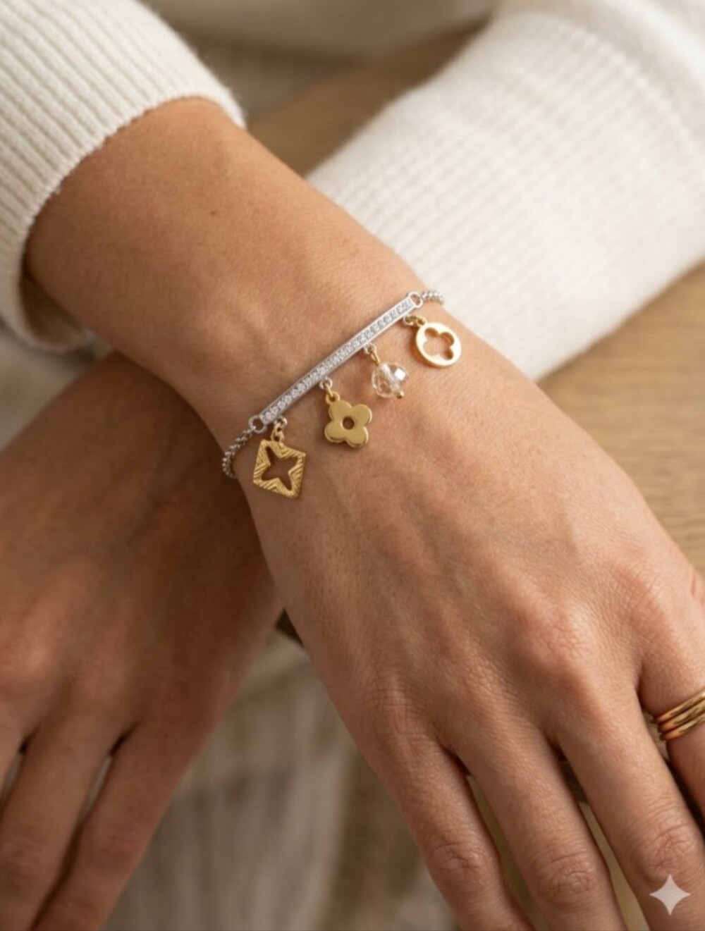 Gold and Silver Charm Rhinestone Adjustable Bar Bracelet